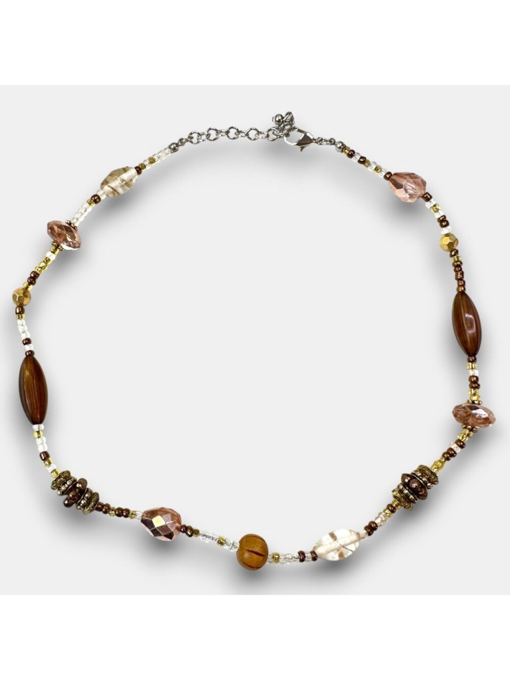 Beaded Necklace With Brown & Gold Glass Beads Adjustable Chain 18-20 Inches